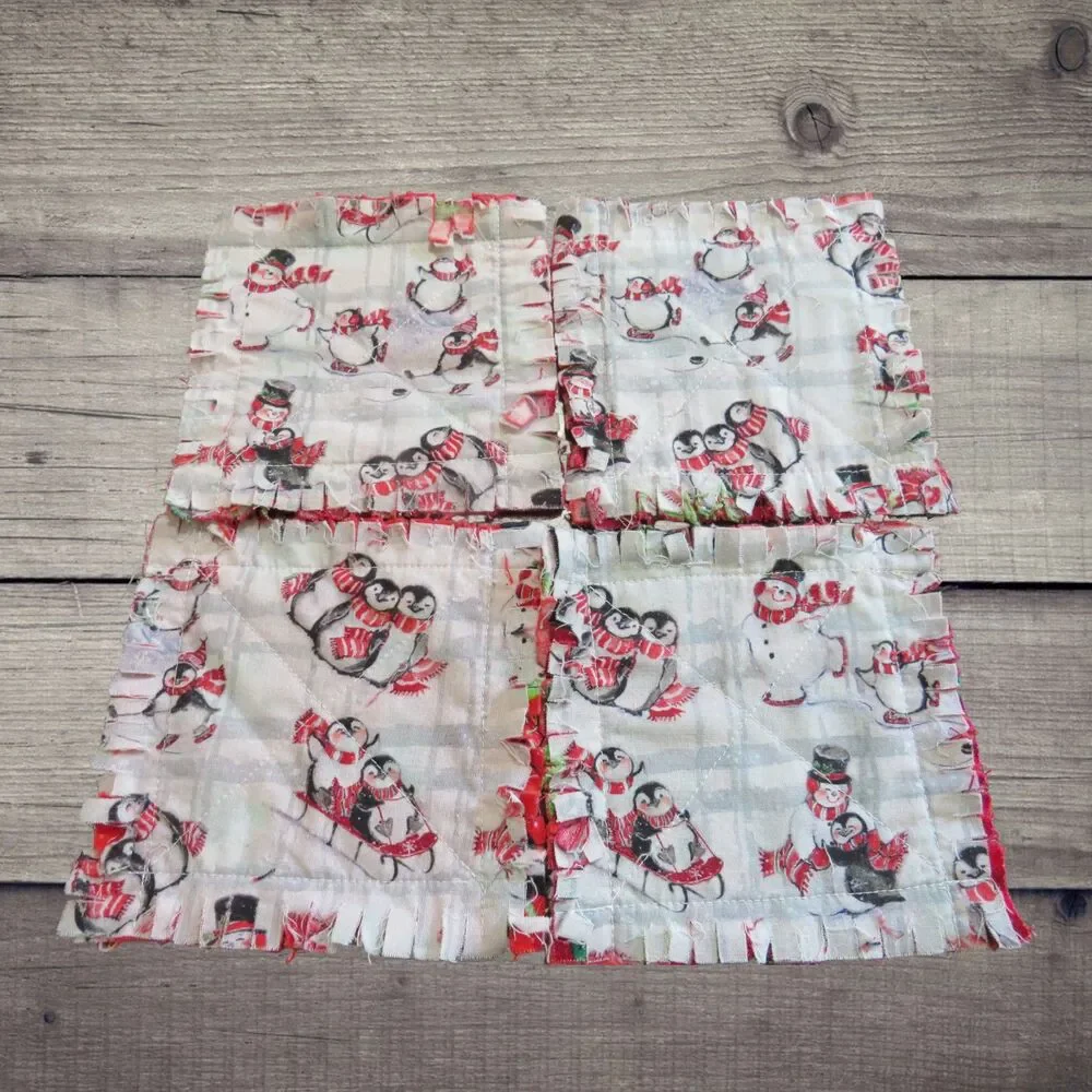 Rag Quilt Coasters, Set of 4, Reversible Christmas Snowmen and Penguin Mug Rugs